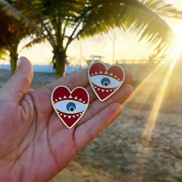 NEW! Boho Red Enamel Heart Evil Eye Stud Earrings - Picture 1 of 7